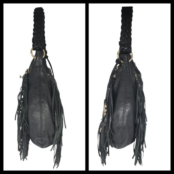 Michael Kors Hobo Bag Purse Black Leather Fringe Gold Chain Braided Slouchy Boho - Picture 3 of 16